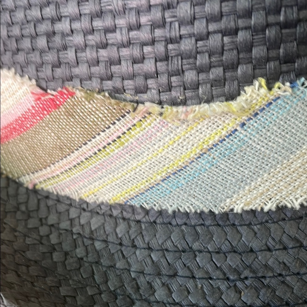 $10 SALE Beach Fedora Dark Blue Gray Striped Band Straw Unisex Short Brim Hat - Picture 5 of 10